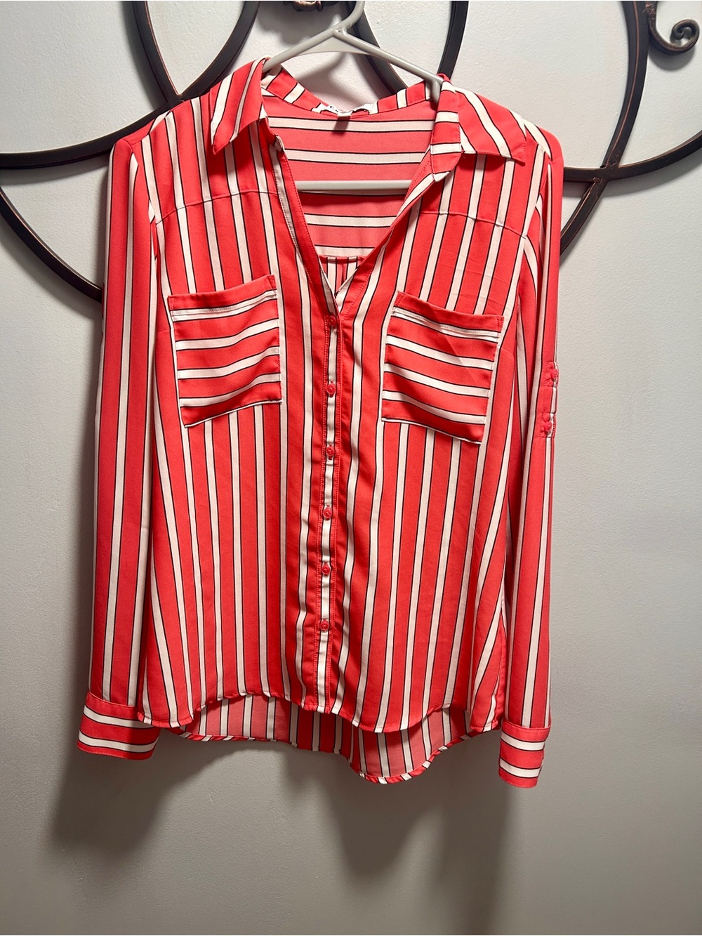 Express Red and White Striped Button-Down Shirt